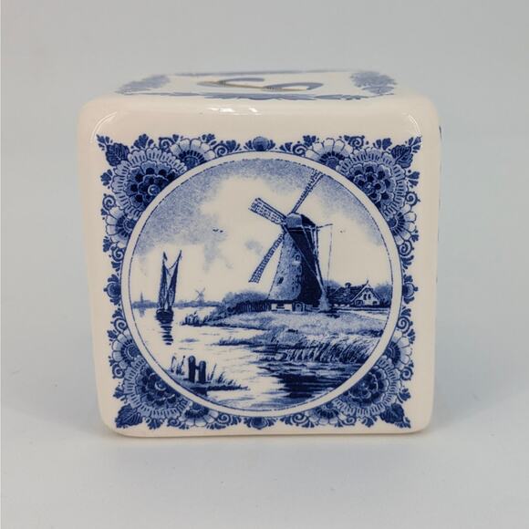 Delft Blue Holland Windmills Cube Bank Ceramic Transferware Coin Storage VTG - Picture 7 of 10